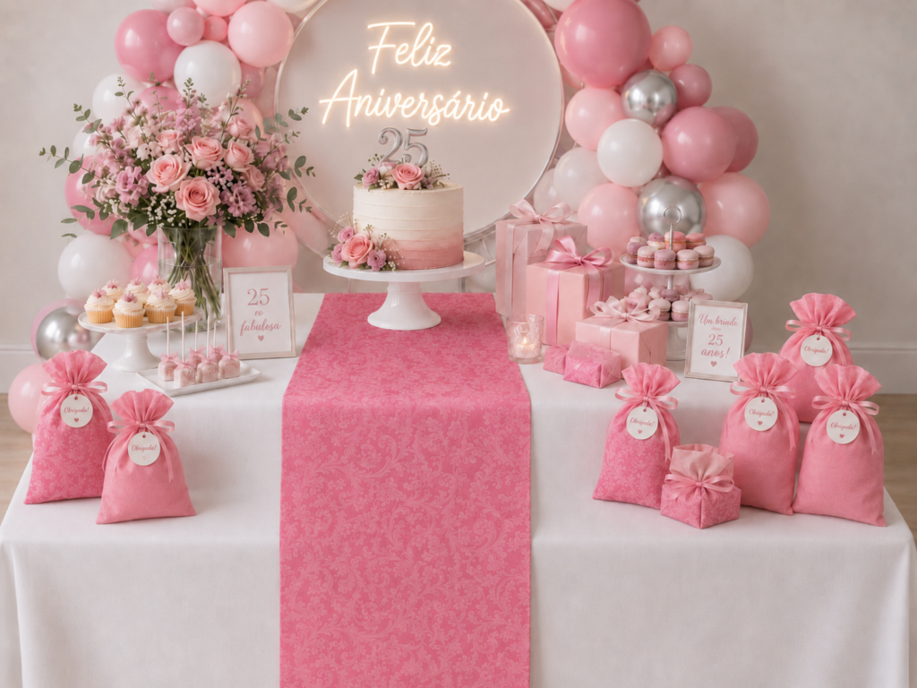 Decoração de festa de aniversário femenino - TNT plus rosa e branco e TNT estampado floral premium.