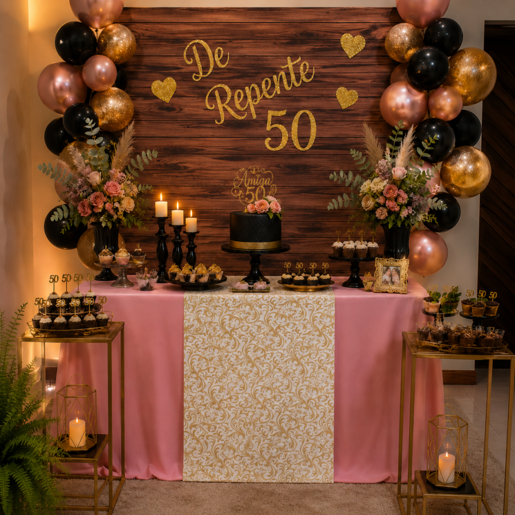 Decoração de aniversário, tema 50 anos. TNT liso rosa e TNT estampado floral com dourado.